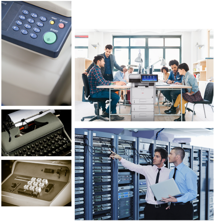 Collage of office workers, modern printer copier machines and old typewriters