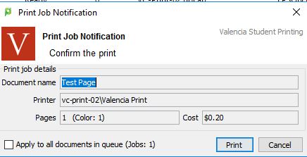 Print Job Notification dialogue box