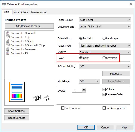 Printer properties to select 'Color' or 'Grayscale'